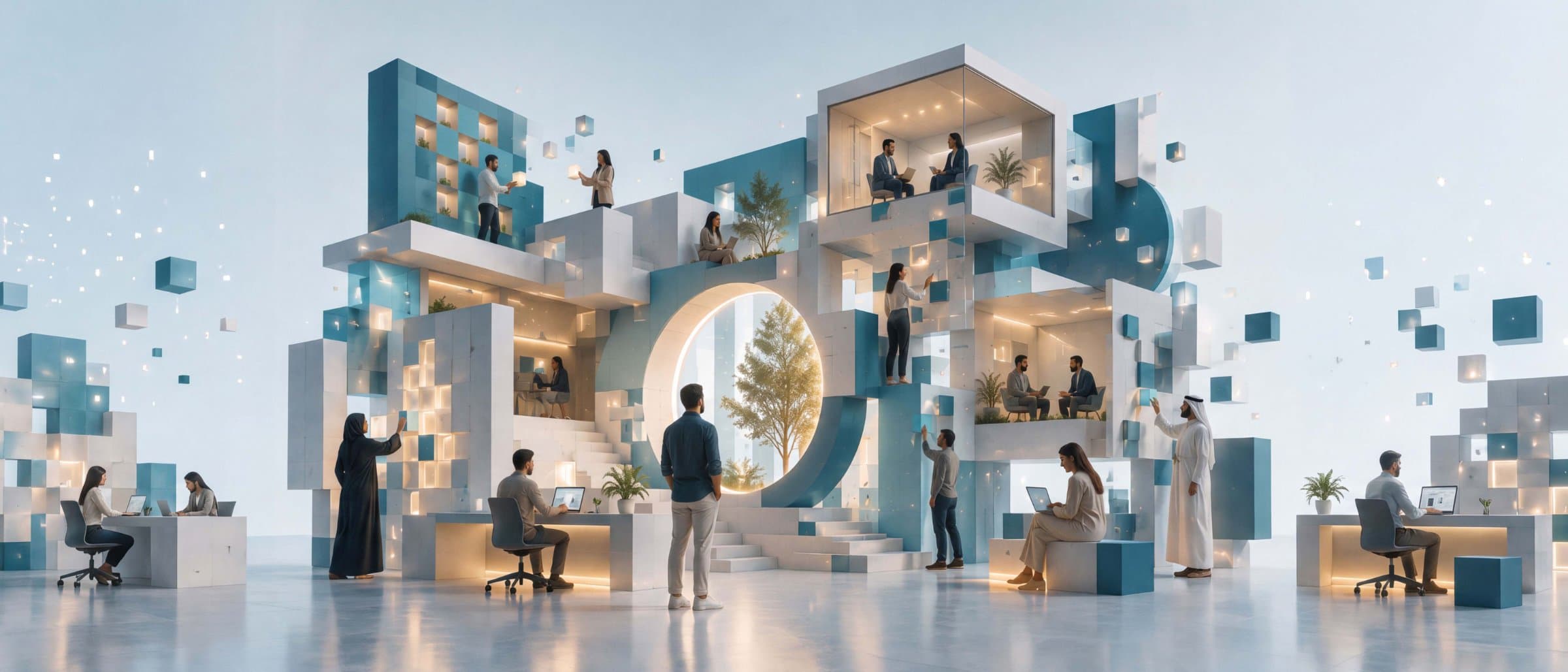 People working at desks in an airy rendered workspace of white and blue geometric blocks