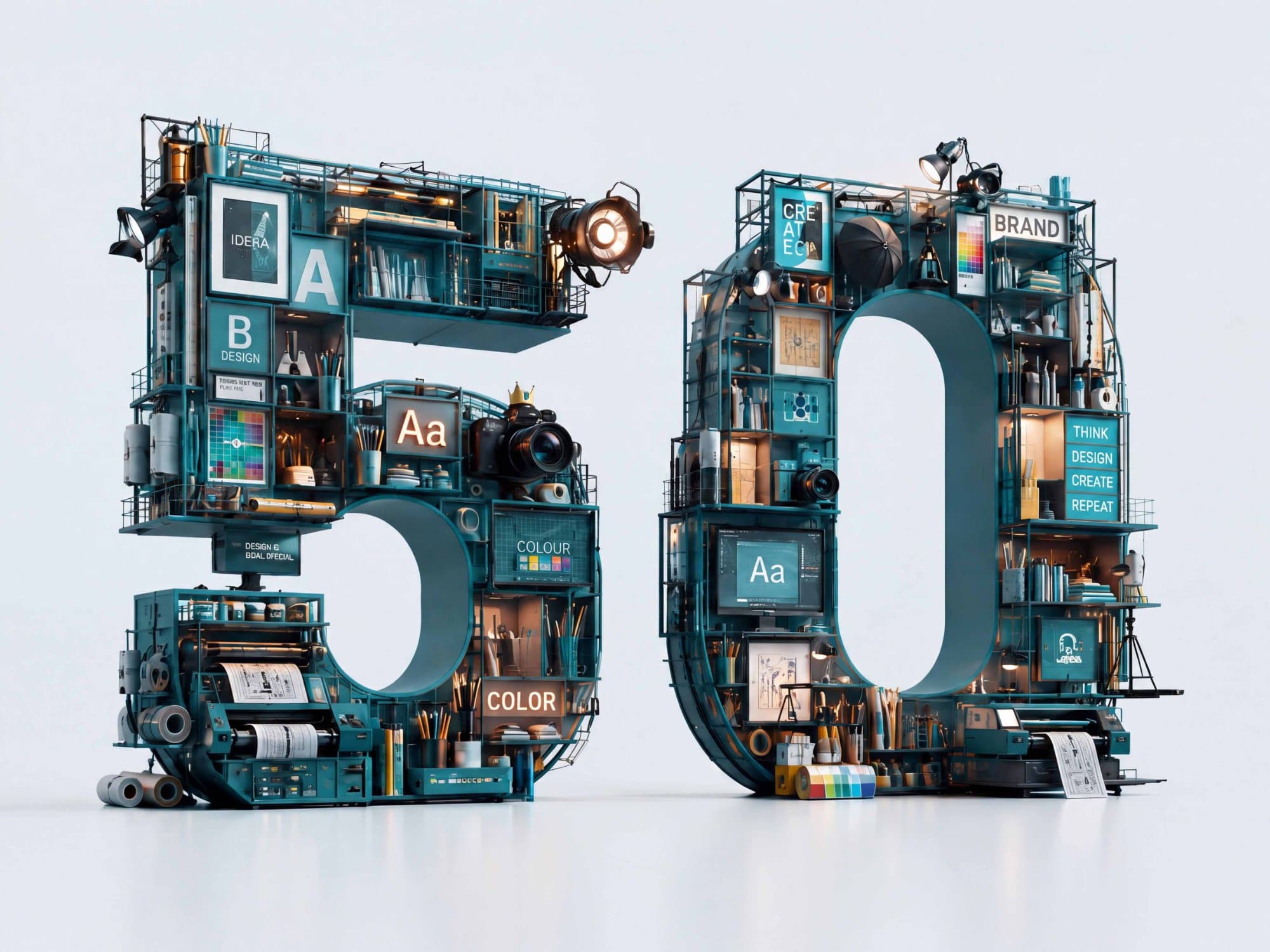 A large sculptural number 50 built out of design tools, screens, cameras and type samples