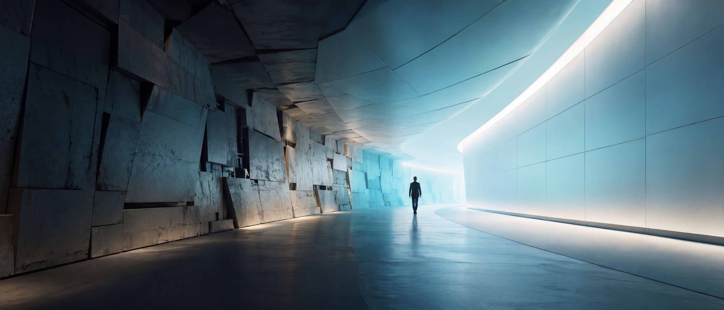 A lone figure walking down a vast concrete corridor towards blue light