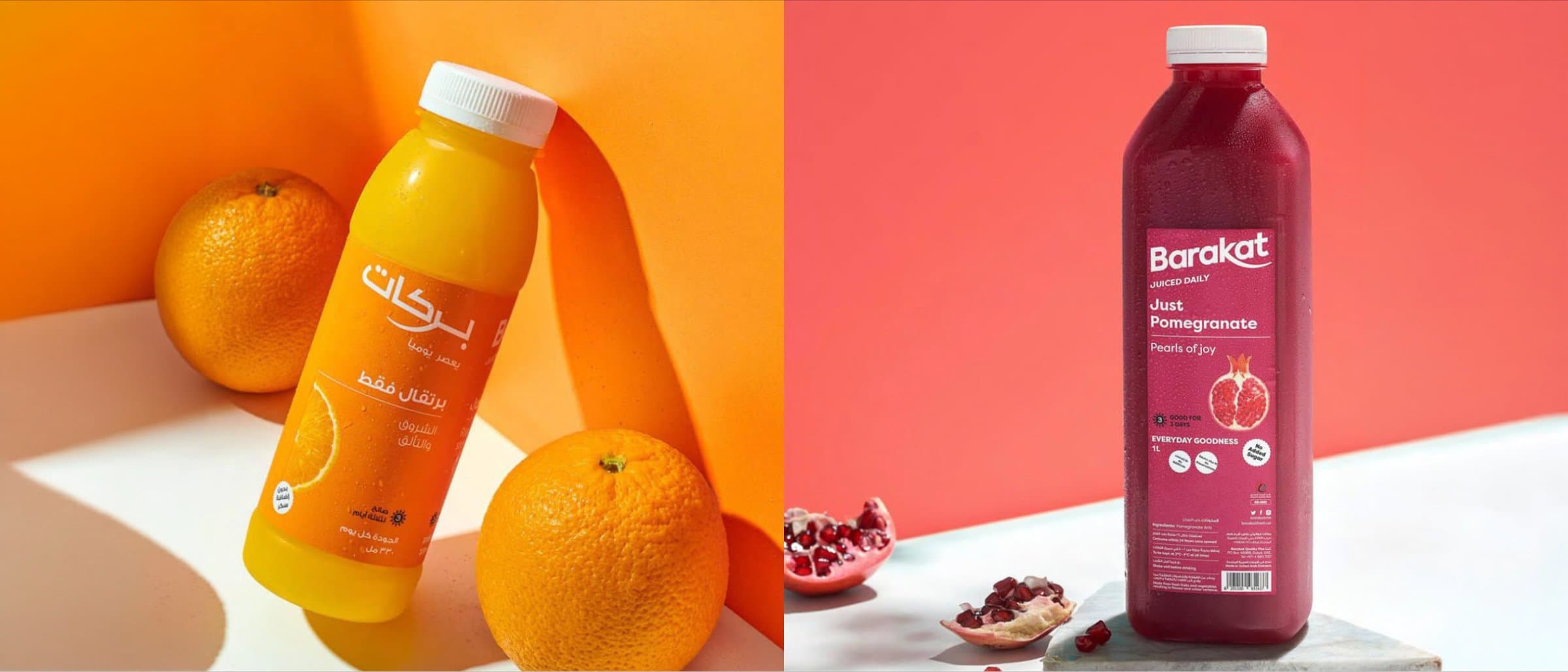 Two Barakat juice bottles styled with fresh fruit - orange juice against an orange background, pomegranate juice against red