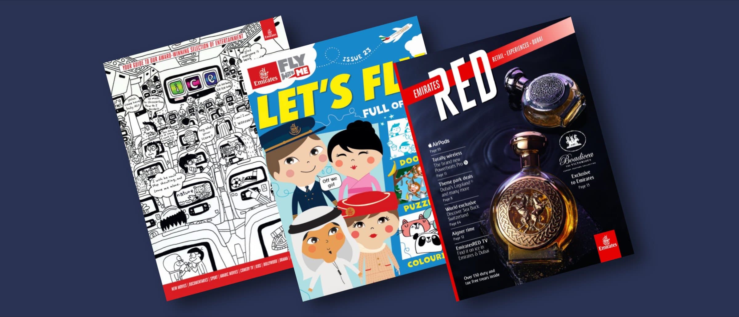 A fan of Emirates in-flight print titles, including a children's colouring sheet and a premium magazine