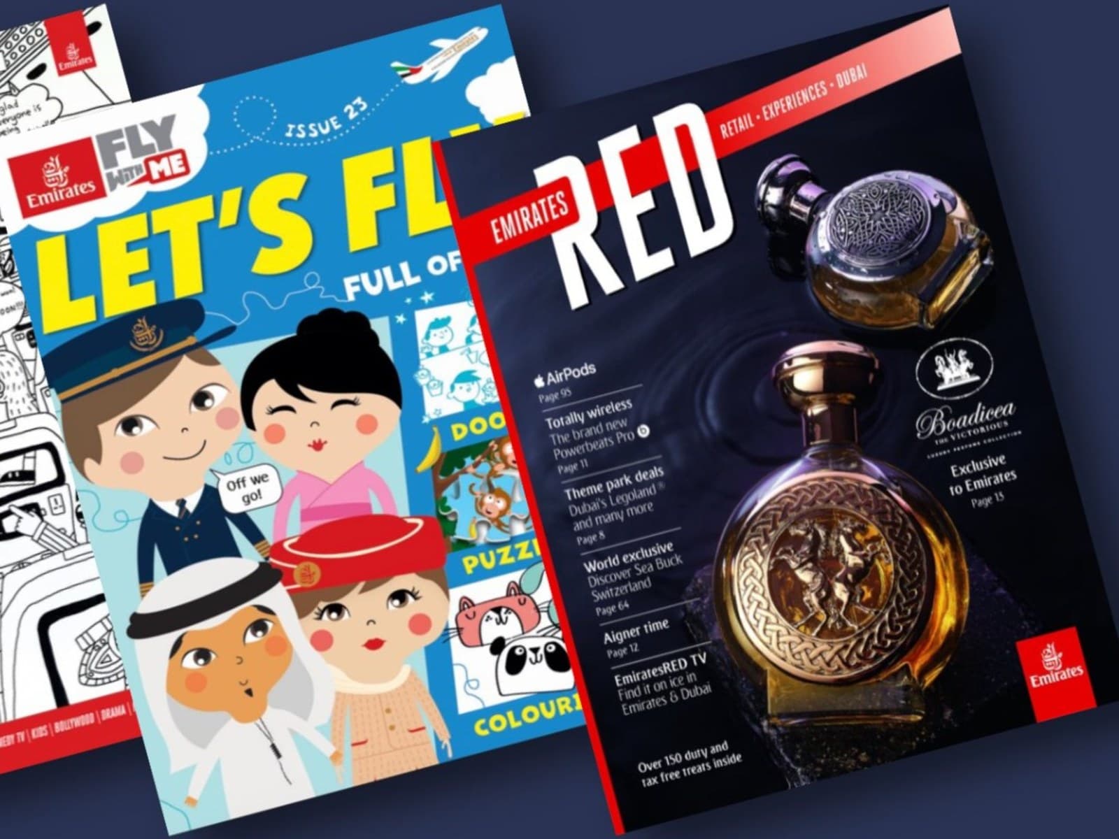 A fan of Emirates in-flight print titles, including a children's colouring sheet and a premium magazine