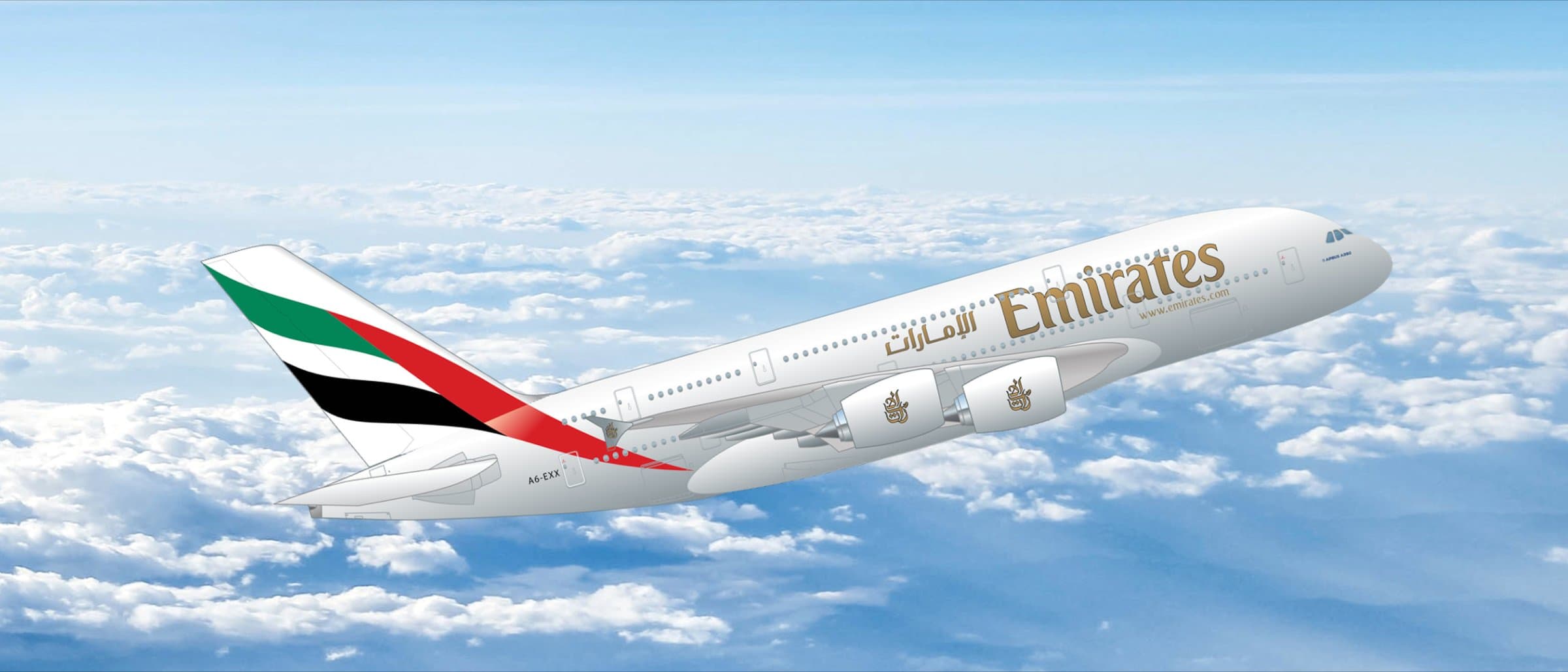 An Emirates A380 in flight above the clouds