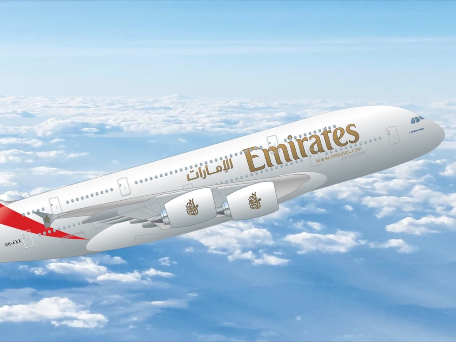 An Emirates A380 in flight above the clouds